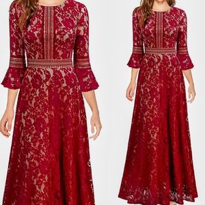MISSMAY Women's Vintage Full Lace Contrast Bell Sleeve Formal Long Dress